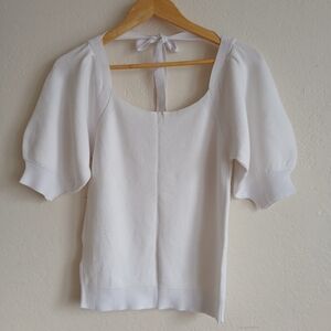 Women’s Top Elegant Knit White Puff Sleeve Square Neck Tie Back Size Large